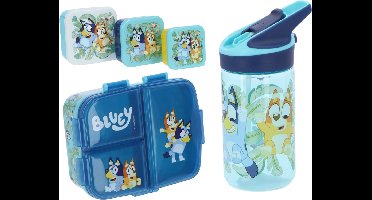 Bluey Lunchset - Broodtrommel - Drinkfles - 3 snackdoosjes - Meerkleurig