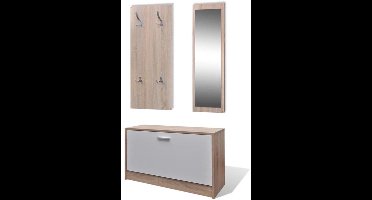 Schoenenkast – Schoenenrek – Schoenenopberger – Schoenenkast smal – Schoenenbankje – 3-in-1 Met Spiegel en Opbergruimte – Duurzaam Hardhout Wit/Natuurkleur – Ruimtebesparend Smal Ontwerp