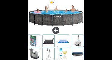 Intex Rond Prism Frame Greywood Zwembad - 549 x 122 cm - Inclusief Pomp - Ladder - Grondzeil - Afdekzeil - Solar Mat - Stofzuiger - 9-delig