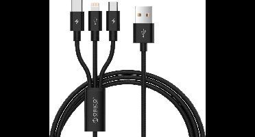 Orico - Nylon gevlochten 3-in-1 laadkabel met Lightning, Micro B en Type-C interface - 3A - Vergulde connectoren - Aluminium Legering - Zwart