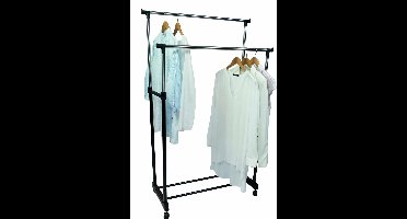 Kledingrek - verstelbaar 90-165 cm - 2 stangen - op wielen - staal en kunststof - zwart