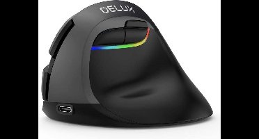DELUX verticale muis Draadloze ergonomische muis met BT 4.0 en 2.4G Draadloze dual-modus Geïntegreerde oplaadbare batterij Stil ontwerp 6 knoppen en 4 DPI-niveaus Optische pc-muis met RGB-licht - zwart