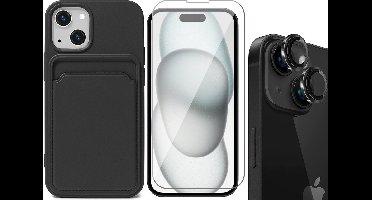 Hoesje Pasjeshouder geschikt voor iPhone 15 Plus - Screenprotector GlassGuard + Camera Lens Screen Protector Zwart - Siliconen Case Back Cover Zwart