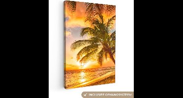 OneMillionCanvasses - Canvas - Schilderij - Palmboom - Strand - Zee - Zonsondergang - Schilderijen woonkamer - Canvas doek - 80x120 cm - Wanddecoratie