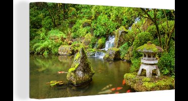 OneMillionCanvasses - Canvas schilderij - Waterval - Koi - Japanse lantaarn - Mos - Water - Natuur - Schilderijen op canvas - 160x80 cm - Canvasdoek - Muurdecoratie - Woonkamer