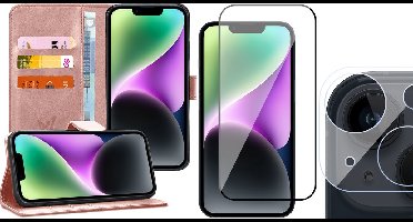 Hoesje geschikt voor iPhone 14 - Book Case Kunstleer Wallet Cover Portemonnee Pasjeshouder Hoes Roségoud - Full Tempered Glass Screenprotector - Camera Lens Protector