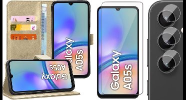 Hoesje geschikt voor Samsung Galaxy A05s - Screenprotector Glas & Camera - Portemonnee Book Case Goud