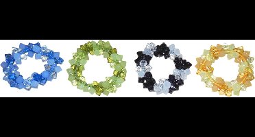 Armbanden bolletjes&diamantjes blauw-groen-zwart-geel set van 4 stuks.