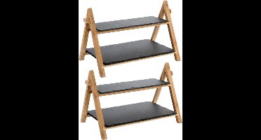 Set van 2x stuks leisteen en bamboe dubbel laags serveerplank voor voedsel 40 x 25 x 27 cm. Hapjes serveren op de eettafel