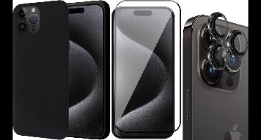 Hoesje geschikt voor iPhone 15 Pro Max - Screenprotector FullGuard & Camera Lens Screen Protector Zwart - Back Cover Case SoftTouch Zwart
