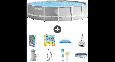Intex Rond Prism Frame Zwembad - 427 x 107 cm - Grijs - Inclusief Pomp - Ladder - Grondzeil - Afdekzeil - Onderhoudspakket - Stofzuiger - 9-delig