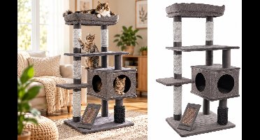 Krabpaal – Flamingo Halo Grijs – 76x58x127 cm – luxe krabpaal met mand, krabmat & massageborstel – kattenmeubel met krabtouw & schuilplaats – voor alle kattenrassen