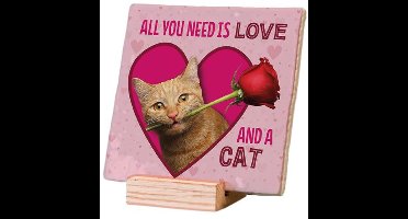 Relaxwonen - Decotegel met Standaard - Cat Love - Roze - 11x11x0.5 cm