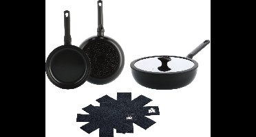 BK Enjoy Pannenset 3-delig - Koekenpannen 24/28cm - Wokpan met deksel 28cm/4.2L - PFAS-vrije antikleeflaag - Pannenset inductie - Keramische Pannenset - Ovenbestendig tot 160°C - Koudgrepen - Met Panbeschermer - Zwart