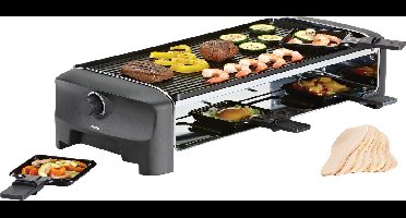 Princess Gourmetstel 162840 - Raclette 8 personen - Grill and Bakplaat - Groot - 2 meter snoer - Regelbare thermostaat - 1400W - Omkeerbare bakplaat en grillplaat - 8 pannetjes