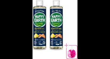 2 x Happy Earth – Douchegel – 100% Natuurlijke Douchegel Lemon Sandalwood – 300 ml - Bulkverpakking - Douchegel mannen - Douchemop - Natuurlijke douchegel
