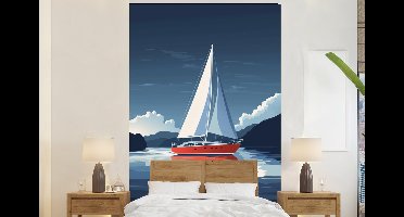 Behang - Fotobehang Zeilboot - Donkere bergen - Stilte - Breedte 145 cm x hoogte 220 cm