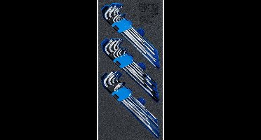 BGS Werkplaatswageninleg 1/3: Haakse sleutelset extra lang T-profiel (voor Torx) / T-profiel (voor Torx) met boring / binnenzeskant 27-delig - 74259
