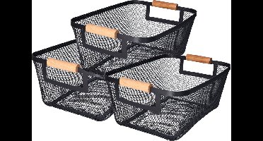 H&S Collection Opbergmand - 3x - met handgrepen - zwart - metaal - 31 x 22 x 14 cm - draadmand
