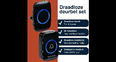 Grundig Draadloze Deurbel Set - Deurbel Draadloos 300 Meter Bereik - Draadloze Beldrukker met LED Licht en 60 Melodieën - Plug-In Ontvanger - Inclusief Batterij - Zwart
