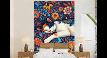 Behang - Fotobehang Kat - Bloemenpatroon - Blauw - Oranje - Breedte 145 cm x hoogte 220 cm