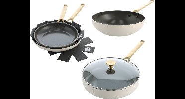 BK Sublime Pannenset 6-delig - 24/28cm - 3.7/4.2L - Panbeschermers - PFAS-vrije antikleeflaag - Pannenset inductie - Keramische pan - Ovenbestendig tot 220°C - Panbeschermers - Hapjespan 28cm met deksel - Crèmewit