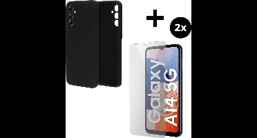 Mobiparts Silicone Cover hoesje geschikt voor Samsung Galaxy A14 (2023) 4G met 2 Screenprotectors van Gehard Glas - Zwart