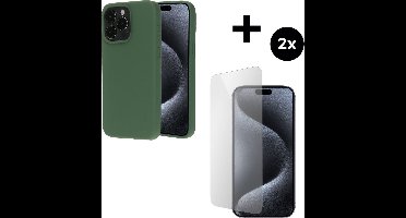 Mobiparts Silicone Cover hoesje geschikt voor Apple iPhone 15 Pro Max met 2 Screenprotectors van Gehard Glas - Groen