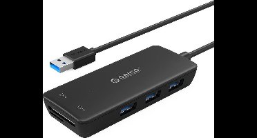 USB3.0 Hub met 3 type-A poorten - Kaartlezer SD/MF - Geïntegreerde kabel: 20 cm - Zwart