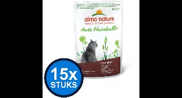 15x Almo Nature Holistic - Kattenvoer Natvoer Maaltijdzakje - Anti-Haarbal - Rund - 70g