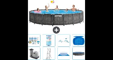 Intex Rond Prism Frame Greywood Zwembad - 549 x 122 cm - Inclusief Pomp - Ladder - Grondzeil - Afdekzeil Onderhoudspakket - Filter - Schoonmaakset - Voetenbad