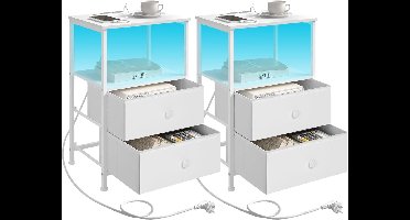 Sierra Nachtkastje, set van 2, nachtkastje met oplaadfunctie, led-verlichting, laden, bijzettafel, wit, salontafel, MDF