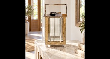 Hoppa! Lantaarn met verticale metalen strips - Naturel/Chroom - 23 x 23 x 49 cm (B x D x H)