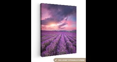 OneMillionCanvasses - Canvas - Schilderij - Bloemen - Lavendel - Zon - Wolken - Paars - Canvas bloemen - Foto op canvas - 60x80 cm - Schilderijen op canvas - Muurdecoratie