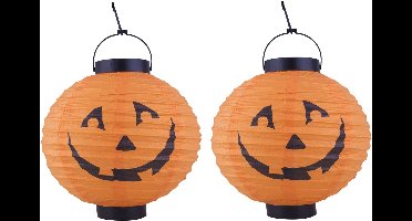 Funny fashion Halloween decoratie - 2x - pompoen - 20 cm - versiering - met LED licht - bollampioen