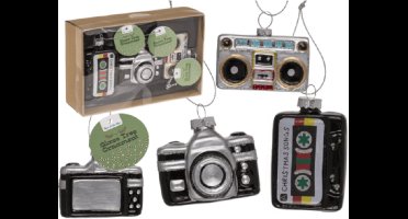 Retro glazen kerstdecoratie set – Cassette, Camera & Recorder – Handgemaakt – 3 stuks