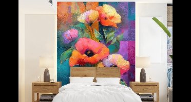 Behang - Fotobehang Geometrische kleurvlaken - Modern - Fantasiebloemen - Breedte 160 cm x hoogte 220 cm