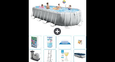 Intex Ovaal Prism Frame Zwembad - 610 x 305 x 122 cm - Grijs - Inclusief Pomp - Ladder - Grondzeil - Afdekzeil - Filter - Speelgoed - 9-delig