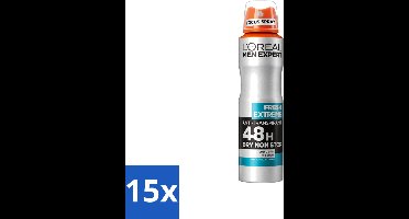 15 x L'Oréal Paris Men Expert Fresh Extreme - Deodorant - 48H Deodorant Spray - 150 ml - Voordeelverpakking - 15 stuks