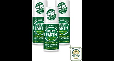 3 x Happy Earth – Deodorant Roll-On – 100% Natuurlijk Bergamot Cedarwood – 75 ml - Wasstrips - Natuurlijke Deodorant - Bergamot - Cederhout - Roll-on Deodorant - 24 Uur Geurbeleid