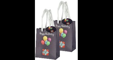 Cepewa verjaardag giftbags/cadeau tasjes - 2x - zwart - happy birthday - ballonnen - 11 x 14 x 6 cm