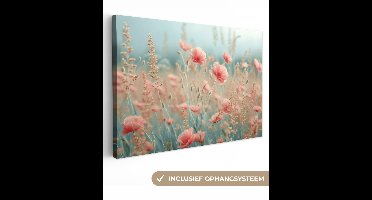 Canvas Schilderij 60x40 cm - Bloemen - Natuur - Klaprozen - Bloemenveld - Wanddecoratie woonkamer - Muurdecoratie keuken - Slaapkamer decoratie - Schilderijen - Woonaccessoires