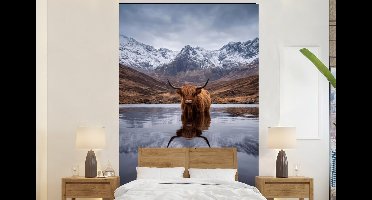 Behang - Fotobehang Schotse hooglander - Bruin - Water - Breedte 145 cm x hoogte 220 cm