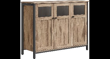 Sierra Dressoir, Dressoir Keukenkast Opbergkast met Glazen Deuren voor Woonkamer Keuken Eetkamer Stalen Frame Industriële Stijl Kameel Bruin Inktzwart LSC099K02