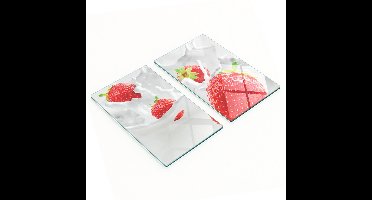 Decoratieve glazen snij- en serveerplanken met aardbeien- en melkmotief, 2x30x52 cm