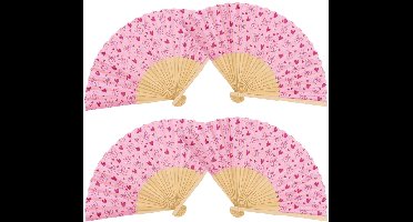 Spaanse hand waaier - 4x - Strik/hart - licht roze - 21 cm - bamboe/papier