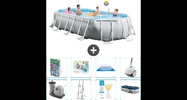 Intex Ovaal Prism Frame Zwembad - 503 x 274 x 122 cm - Grijs - Inclusief Pomp - Ladder - Grondzeil - Afdekzeil - Loungebed - Stofzuiger - 9-delig