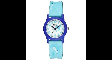 Q&Q V22A-014VY - Horloge - Sport - Analoog - Kinderen - Unisex - Plastic band - Rond - Kunststof - Cijfers - Dolfijnen - Lichtblauw - Donkerblauw - Wit - 10 ATM