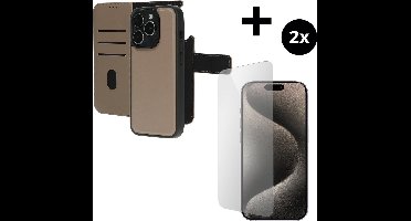 Mobiparts Leather 2 in 1 Wallet Case hoesje geschikt voor Apple iPhone 15 Pro met 2 Screenprotectors van Gehard Glas - Beige