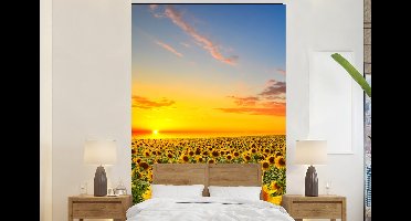 Behang - Fotobehang Bloemen - Zonnebloem - Zonsondergang - Nacht - Oranje - Breedte 145 cm x hoogte 220 cm